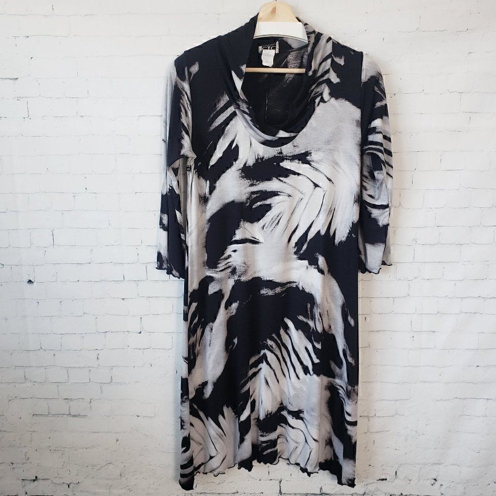 Carol Turner Collection Dress Size S Blac White Abstract Jersey Knit Cowl Neck